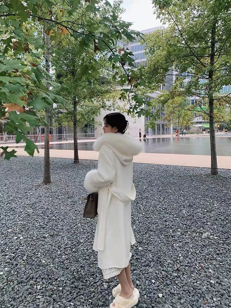 Thickened Woolen Coat Casual Hooded Lace-Up Fur Collar