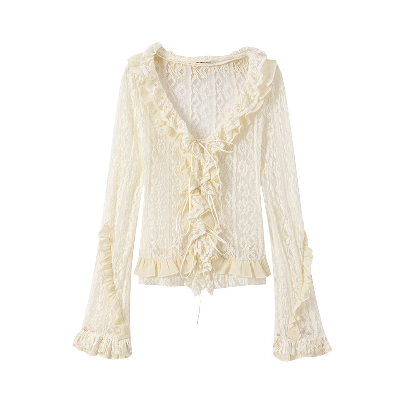 Lace Tie with Fungus Edge Long Sleeved Pullover