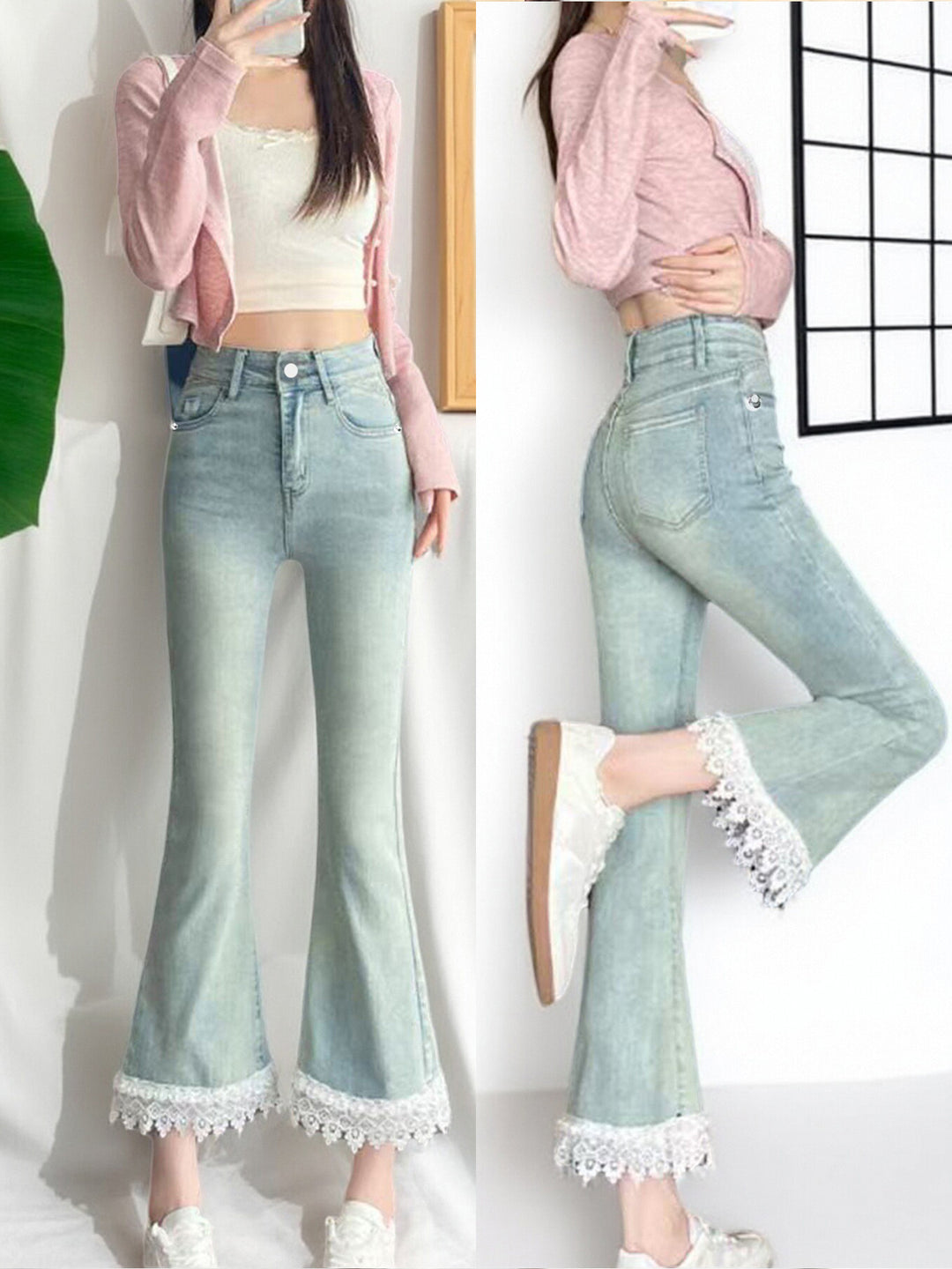 Elastic Lace Stitching Jeans — Women&