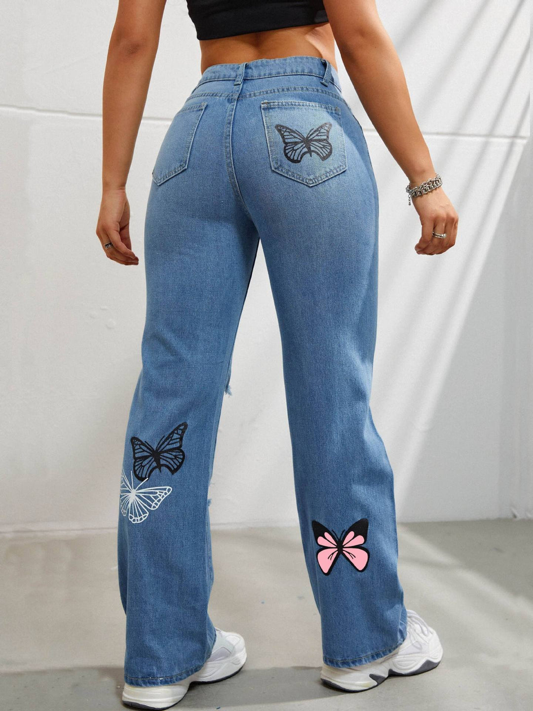 Butterfly Print High-Waist Straight Jeans — Women&