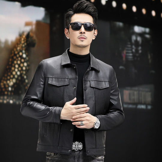 Cowhide Polo Collar Leather Jacket — Men&