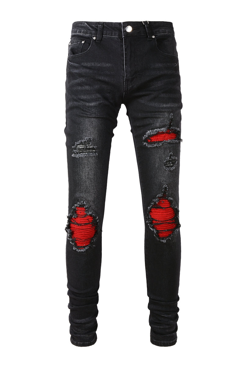 Fashion Red Patch Stretch Slim Denim — Distressed Blue