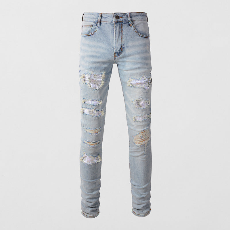 ShopBAM — Diamond-Patch Ripped Stretch Skinny Denim — Light Blue