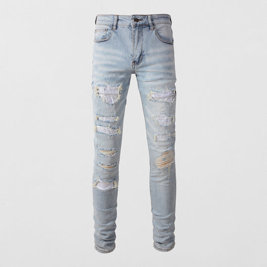 ShopBAM — Diamond-Patch Ripped Stretch Skinny Denim — Light Blue