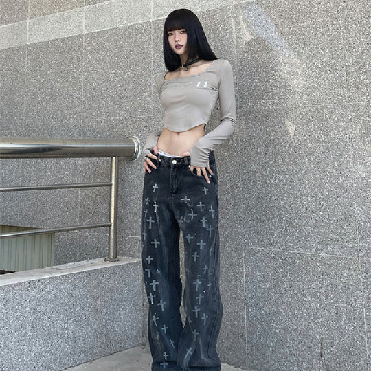 ShopBAM — Cross Print Loose Straight Jeans — Women&