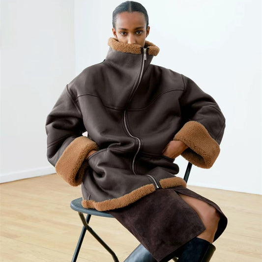 Nordic Inspired Leather Overcoat Coat For Women