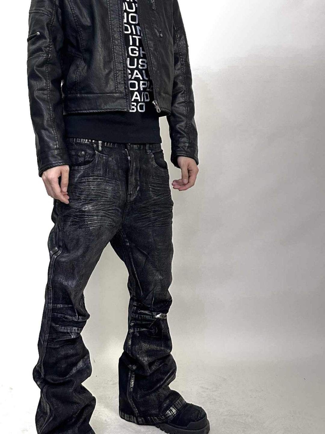 Two-Tone Bronzing Wax Distressed Flare Denim — Multi-Color