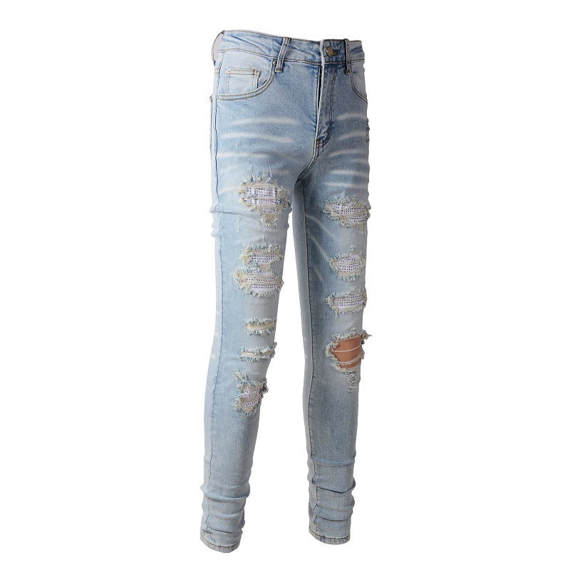 Diamond-Patch Ripped Stretch Skinny Denim — Light Blue