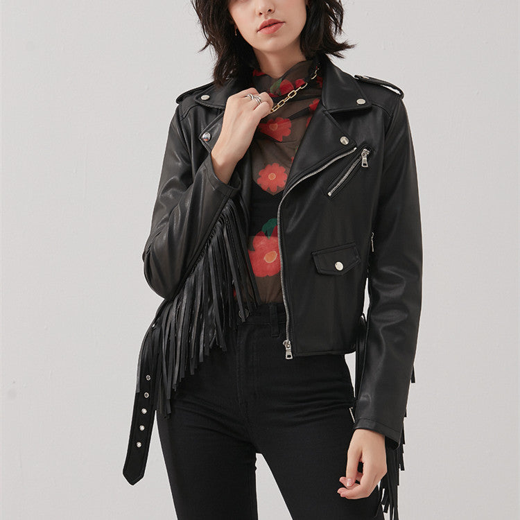 ShopBAM — Tassel Slim PU Leather Motorcycle Jacket — Women's