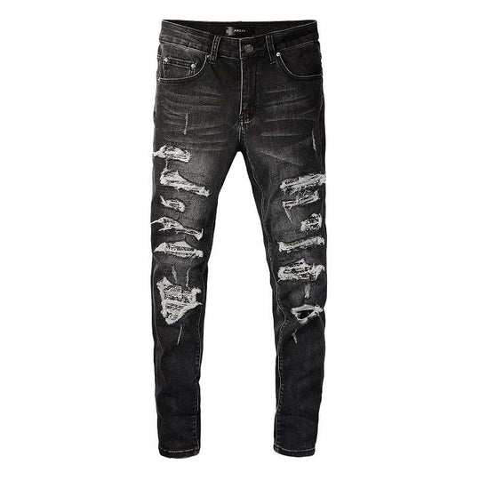 ShopBAM — High Street Wrinkled Patch Slim Denim — Grey