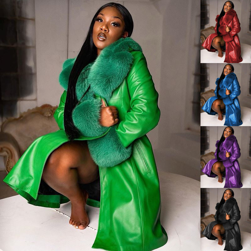 ShopBAM — PU Leather Long Coat — Fur Collar, 6 Colours
