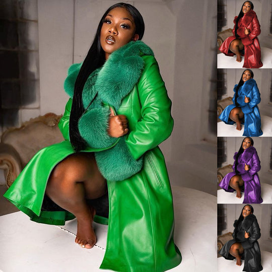 ShopBAM — PU Leather Long Coat — Fur Collar, 6 Colours