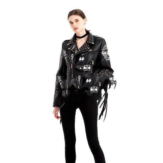 Graffiti Printed Rivet-Zippered Slim Short Leather Jacket Women
