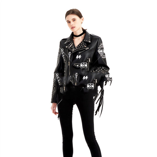 ShopBAM — Graffiti Rivet-Zip Leather Jacket — Women&