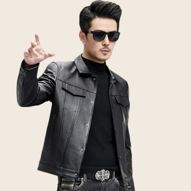 Cowhide Polo Collar Leather Jacket - Men's, enhanced product photo