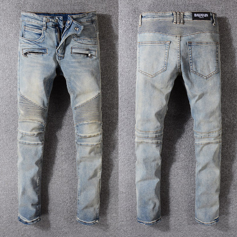 ShopBAM — Biker Distressed Pencil Denim — Aged Blue
