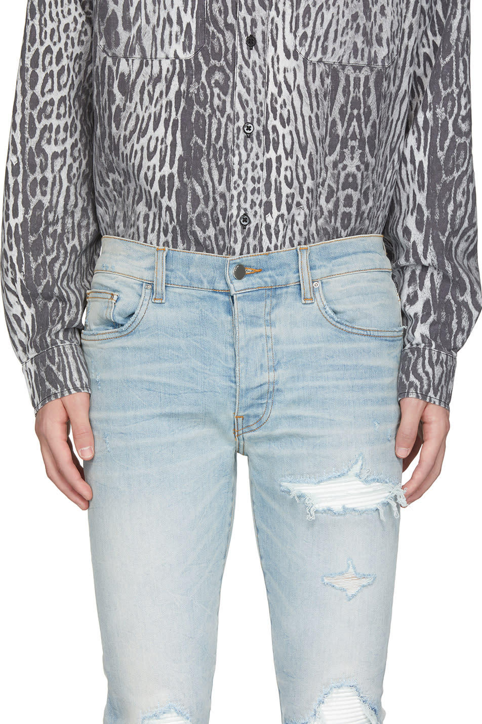 Ripped Patch Slim Tapered Denim — Light Blue