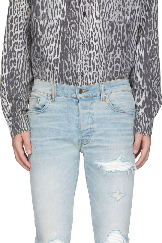 Ripped Patch Slim Tapered Denim — Light Blue