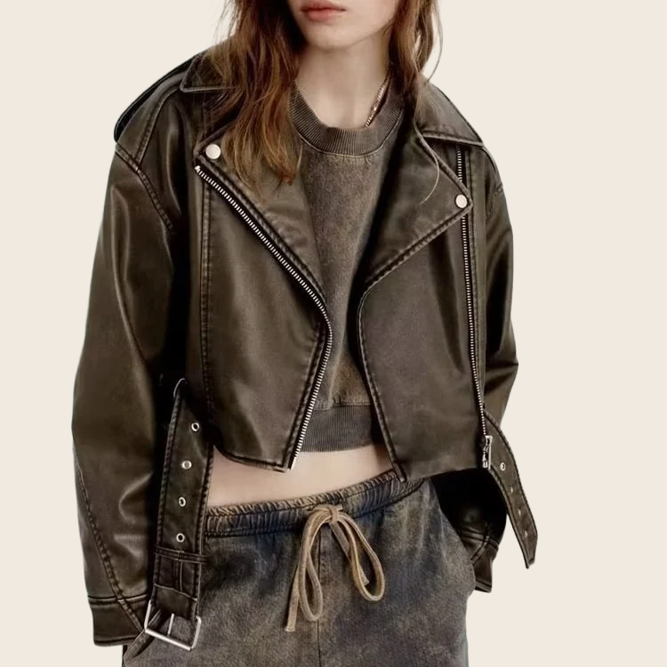 Gradient PU Leather Windproof Loose Jacket - Women's, enhanced product photo