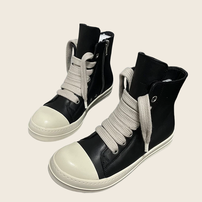 High-Top Cowhide Leather Sneakers - Unisex, enhanced product photo