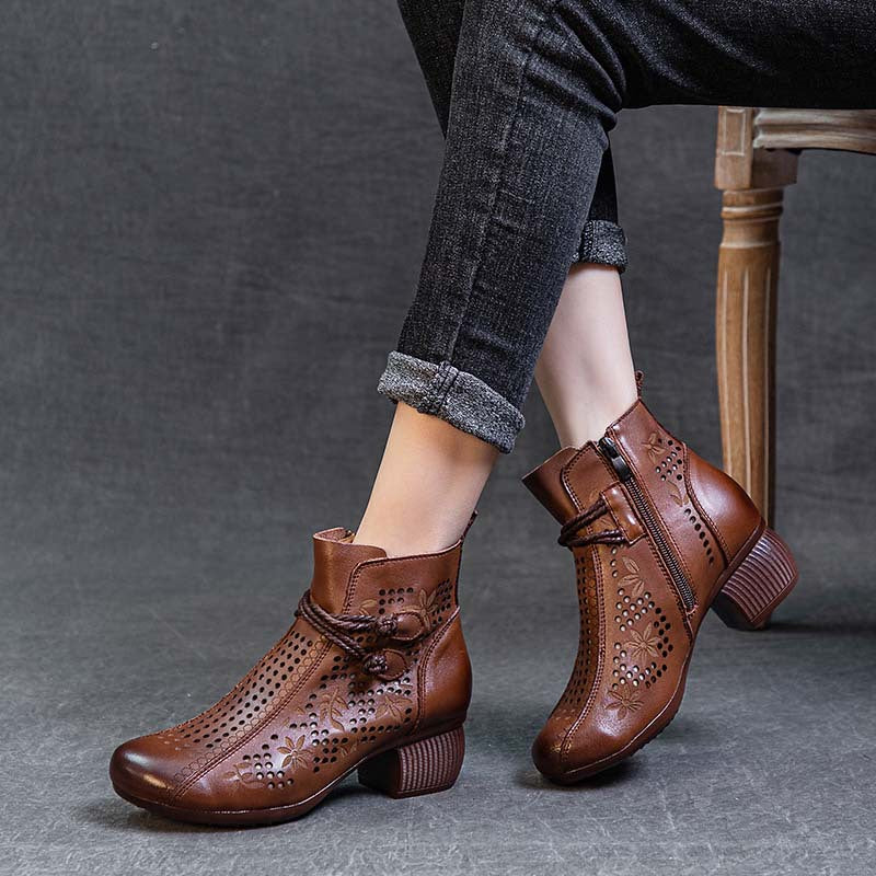 Hollow-Out Leather Retro Boots — Women&