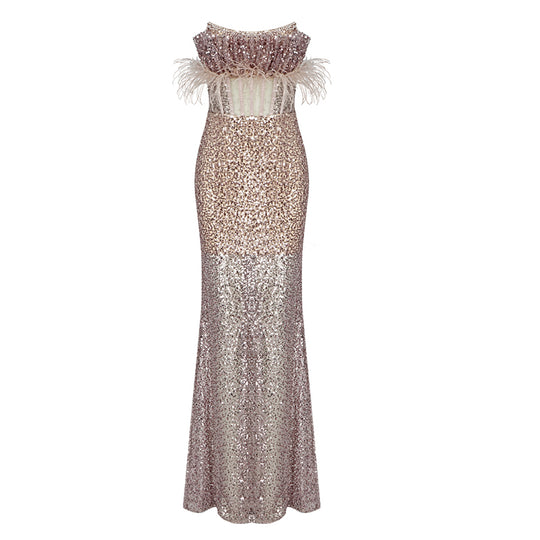 Feather Beaded Sequin Fishtail Dress — Women&