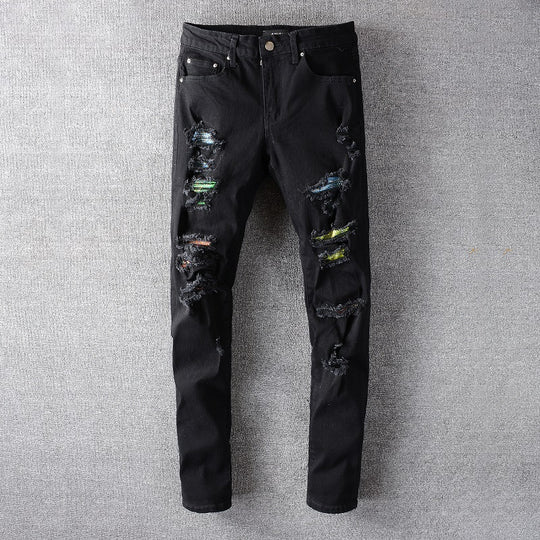 ShopBAM — High Street Colorful Patch Distressed Slim Denim — Black