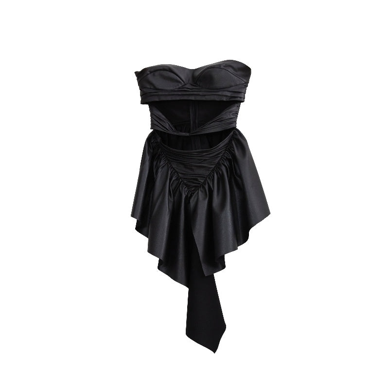 Hollow Heart Ruffled PU Leather Tube Top — Black