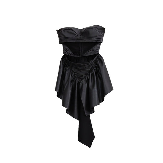 Hollow Heart Ruffled PU Leather Tube Top — Black