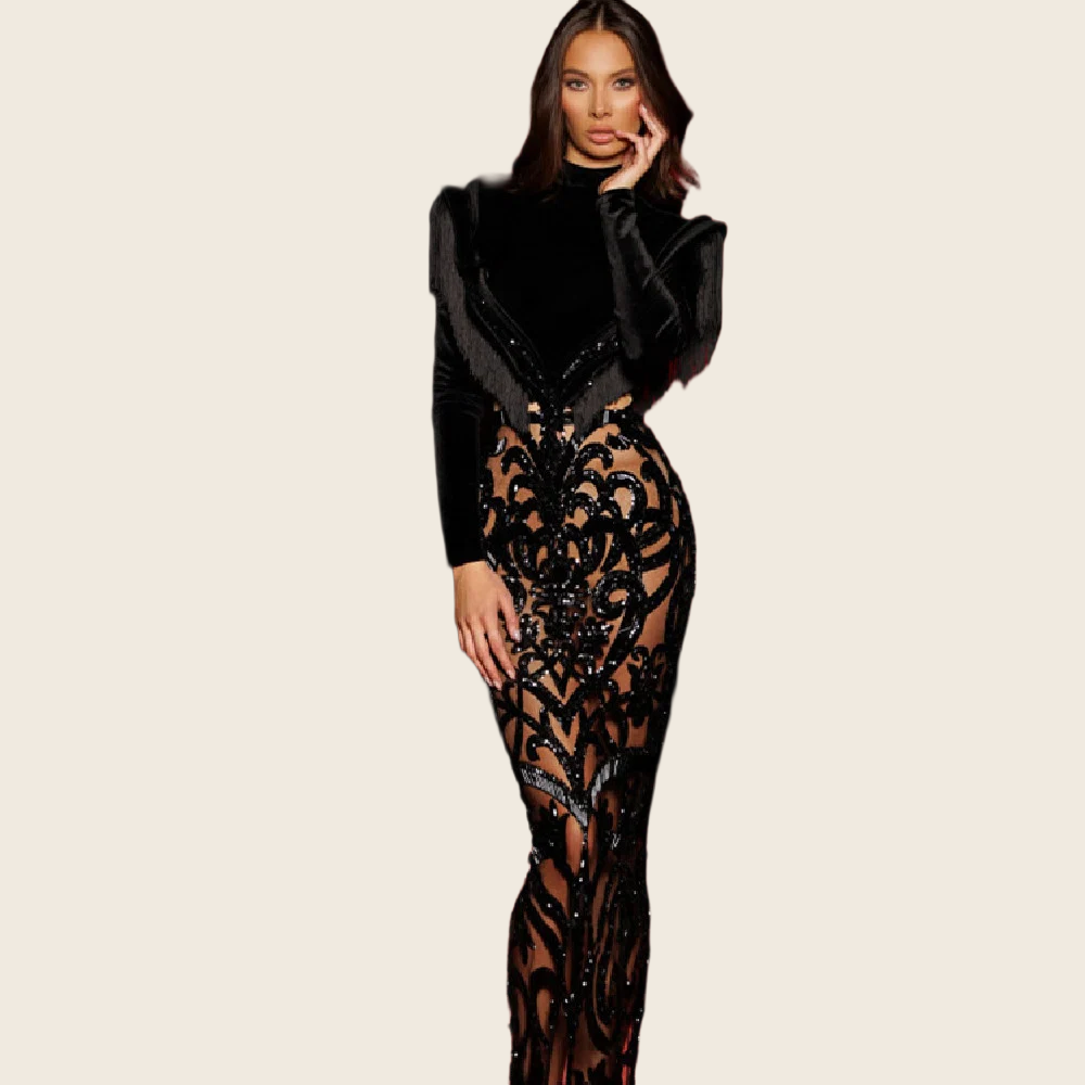 Sequin Tassel Long Sleeve Dress - Women's, enhanced product photo