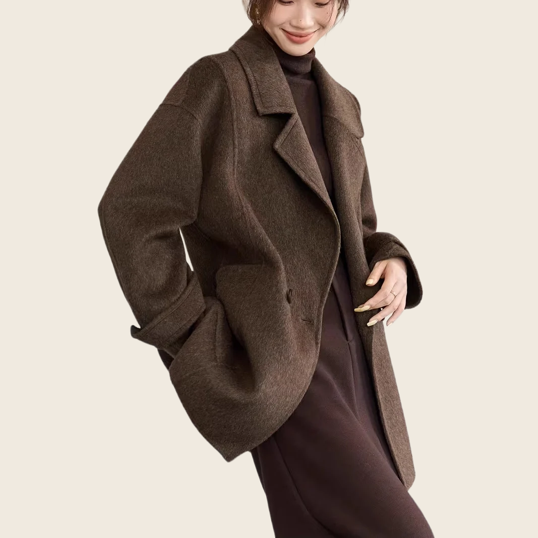 Long Double-Faced Wool Coat - Coffee Brown, enhanced product photo