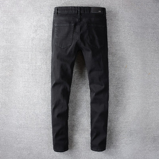 High Street Colorful Patch Distressed Slim Denim — Black