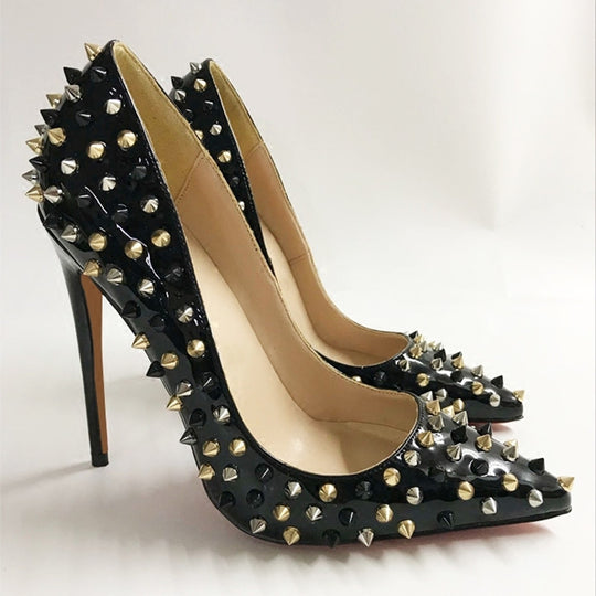 Patent Black Rivet Stiletto Heels — Women&