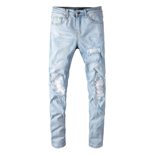 Ripped Patch Slim Tapered Denim — Light Blue