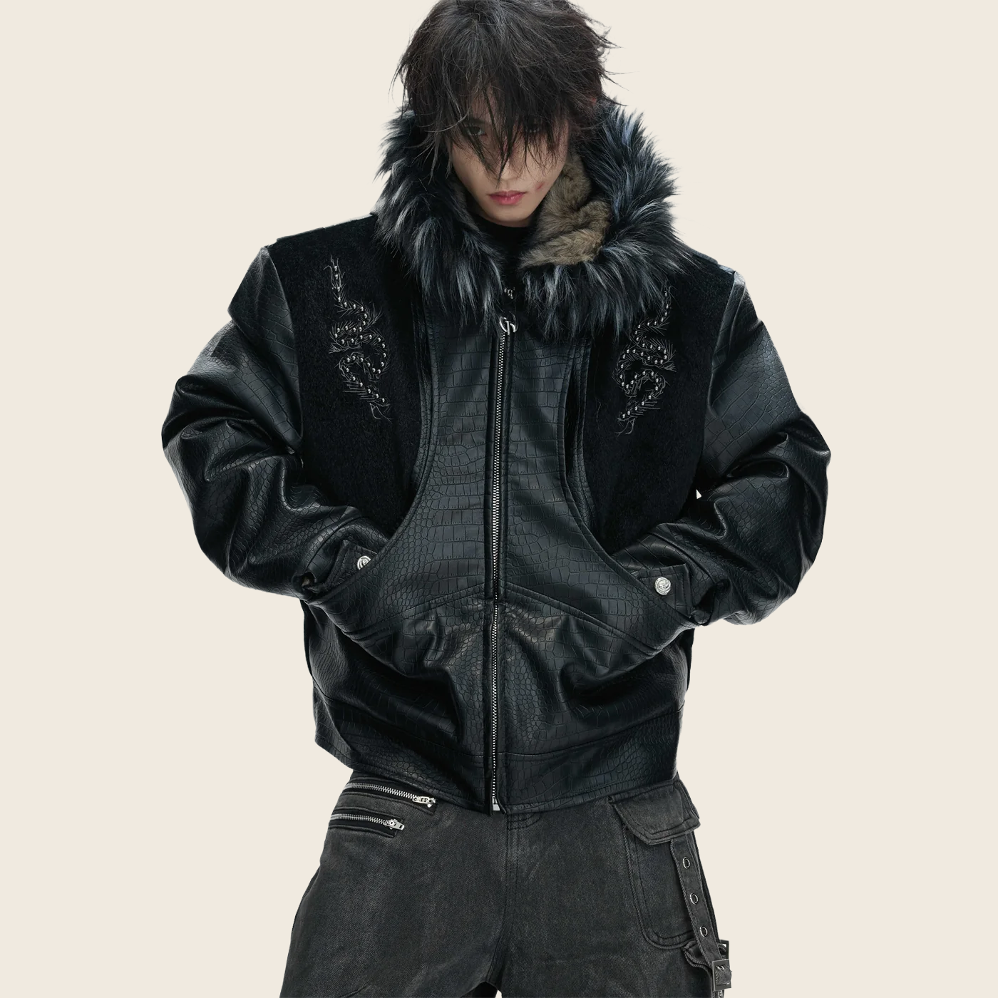 Faux Leather Jacket - Men's, Patterned, enhanced product photo