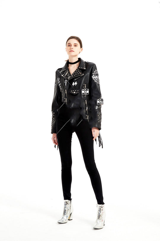 Graffiti Rivet-Zip Leather Jacket — Women&