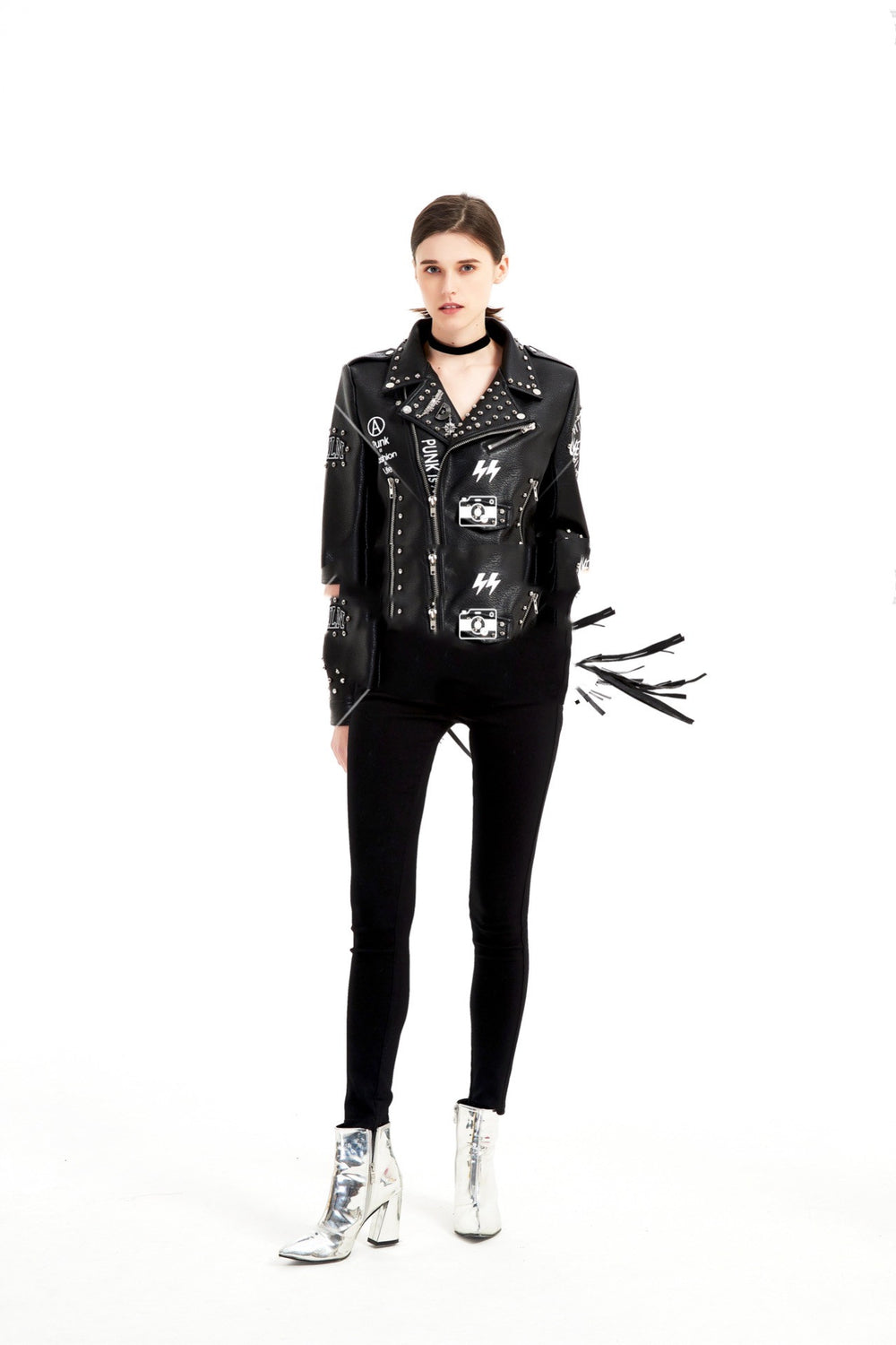 Graffiti Rivet-Zip Leather Jacket — Women's