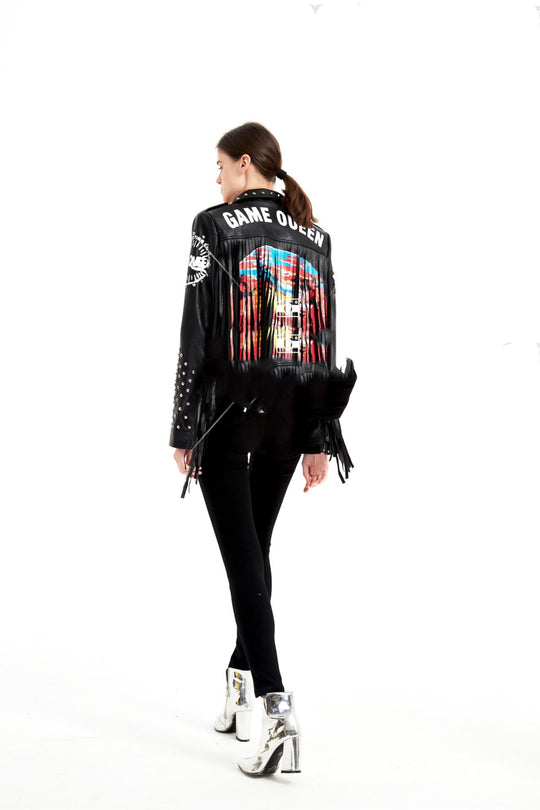Graffiti Rivet-Zip Leather Jacket — Women&