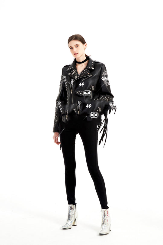 Graffiti Rivet-Zip Leather Jacket — Women&