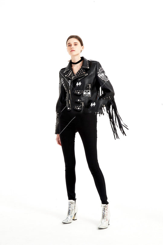 Graffiti Rivet-Zip Leather Jacket — Women&