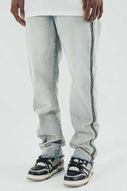 Raw Edge Side Bone Zipper Straight Denim — Light Blue