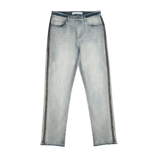 ShopBAM — Raw Edge Side Bone Zipper Straight Denim — Light Blue