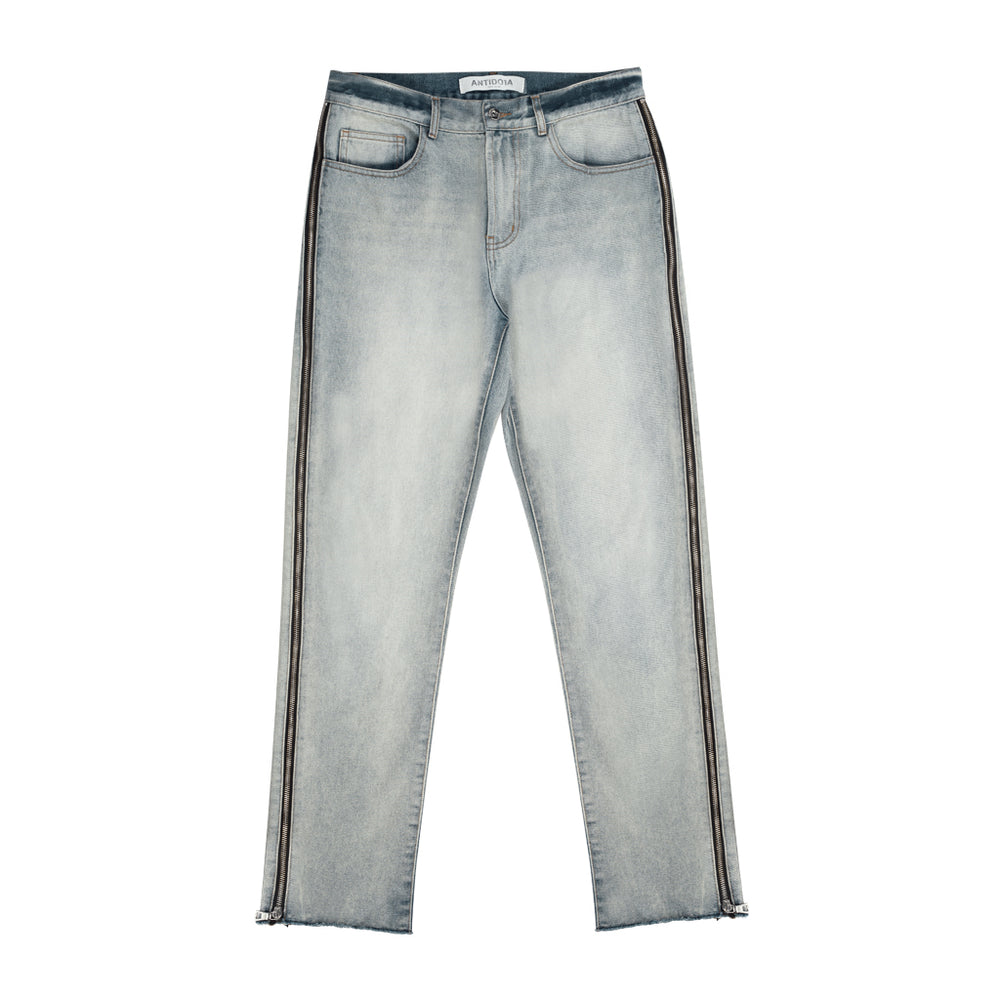 Raw Edge Side Bone Zipper Straight Denim — Light Blue