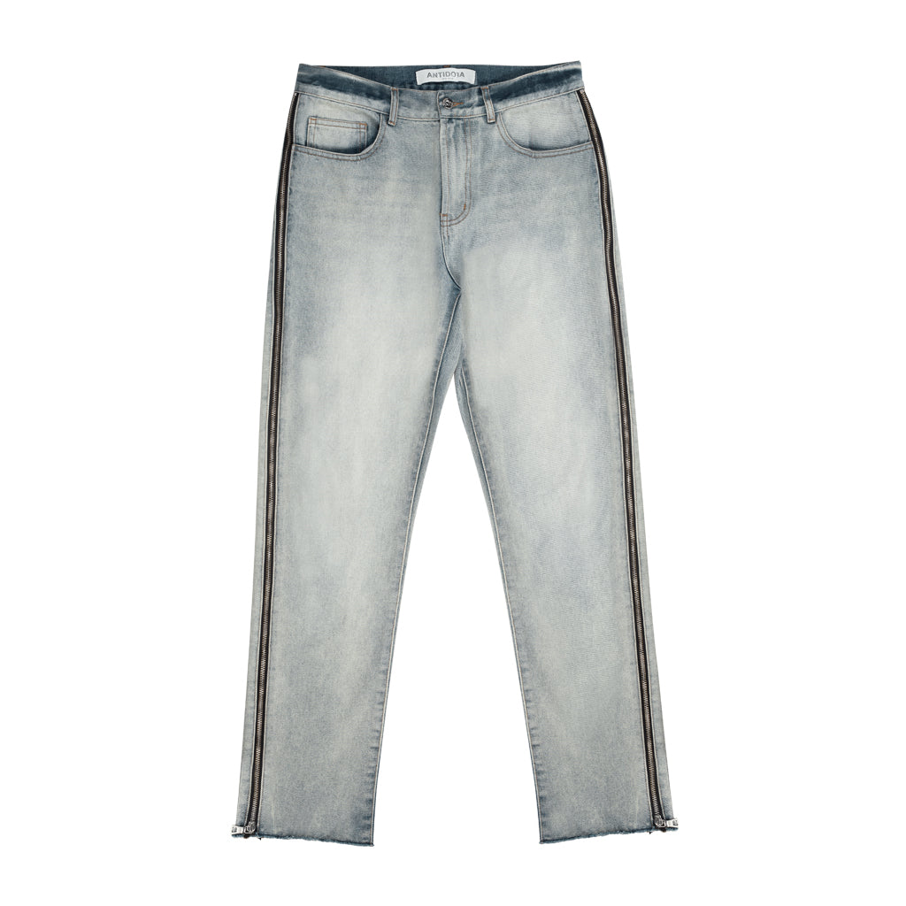 Raw Edge Side Bone Zipper Straight Denim — Light Blue