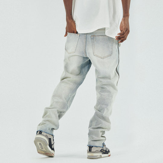 Raw Edge Side Bone Zipper Straight Denim — Light Blue
