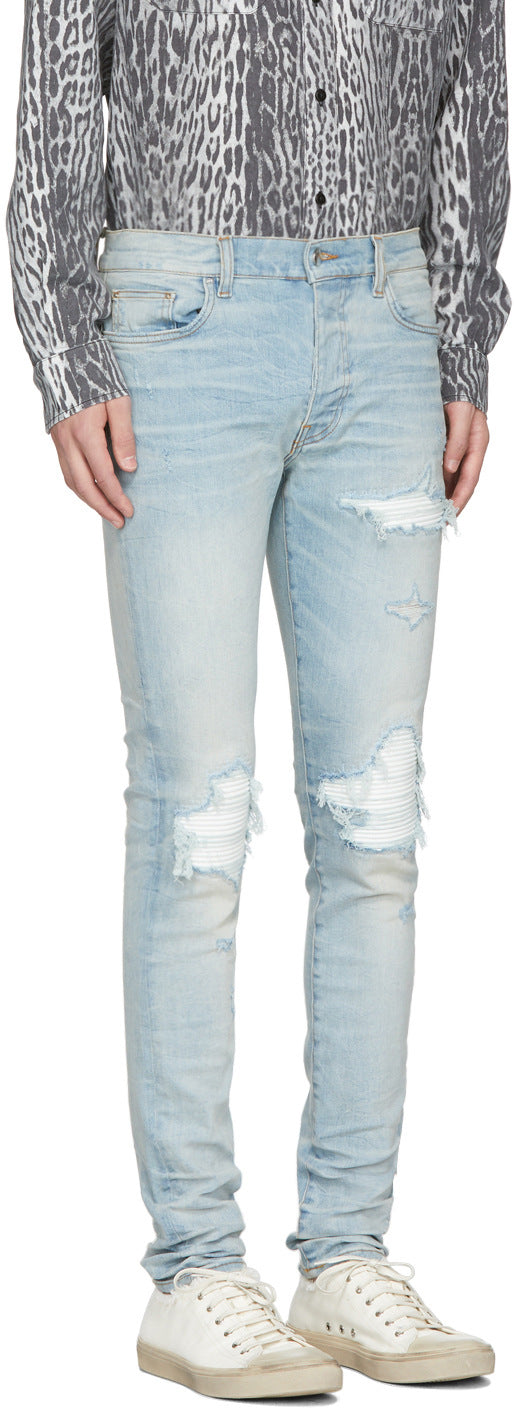 Ripped Patch Slim Tapered Denim — Light Blue