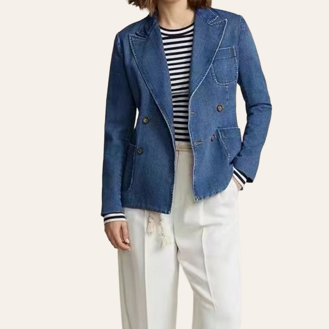 Tibetan Blue Double-Breasted Denim Jacket, enhanced product photo