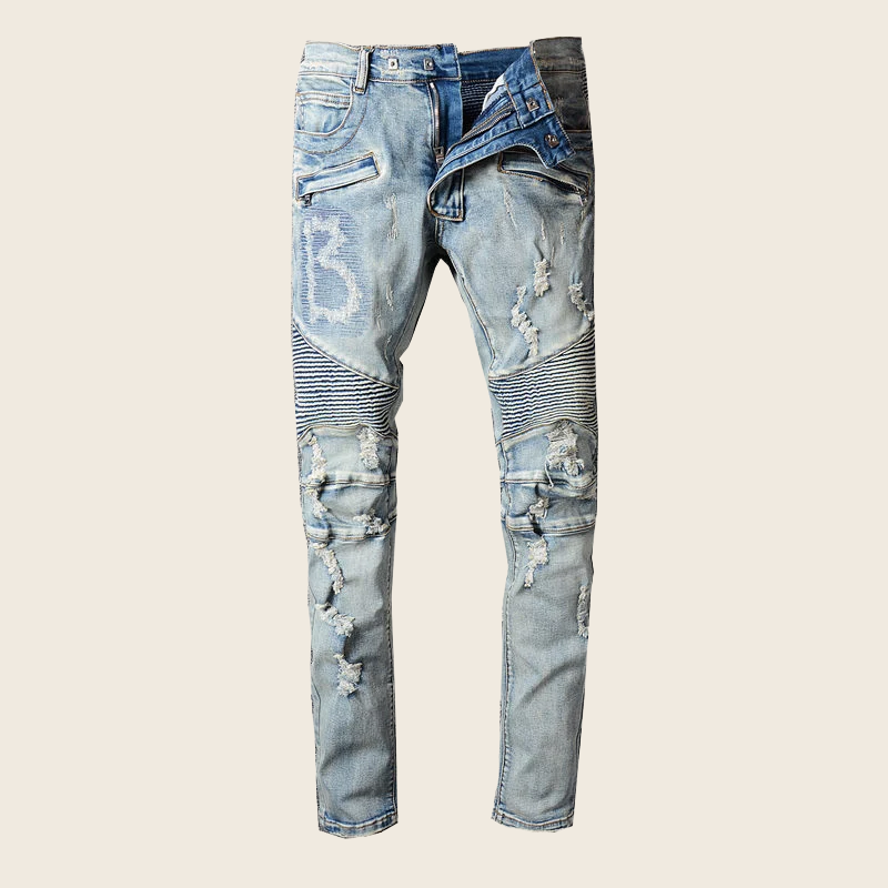 Ripped Biker Denim with Pleated Details - Washed Blue, enhanced product photo
