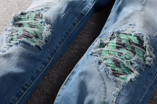 Colorful Patch Ripped Denim — Indigo Blue