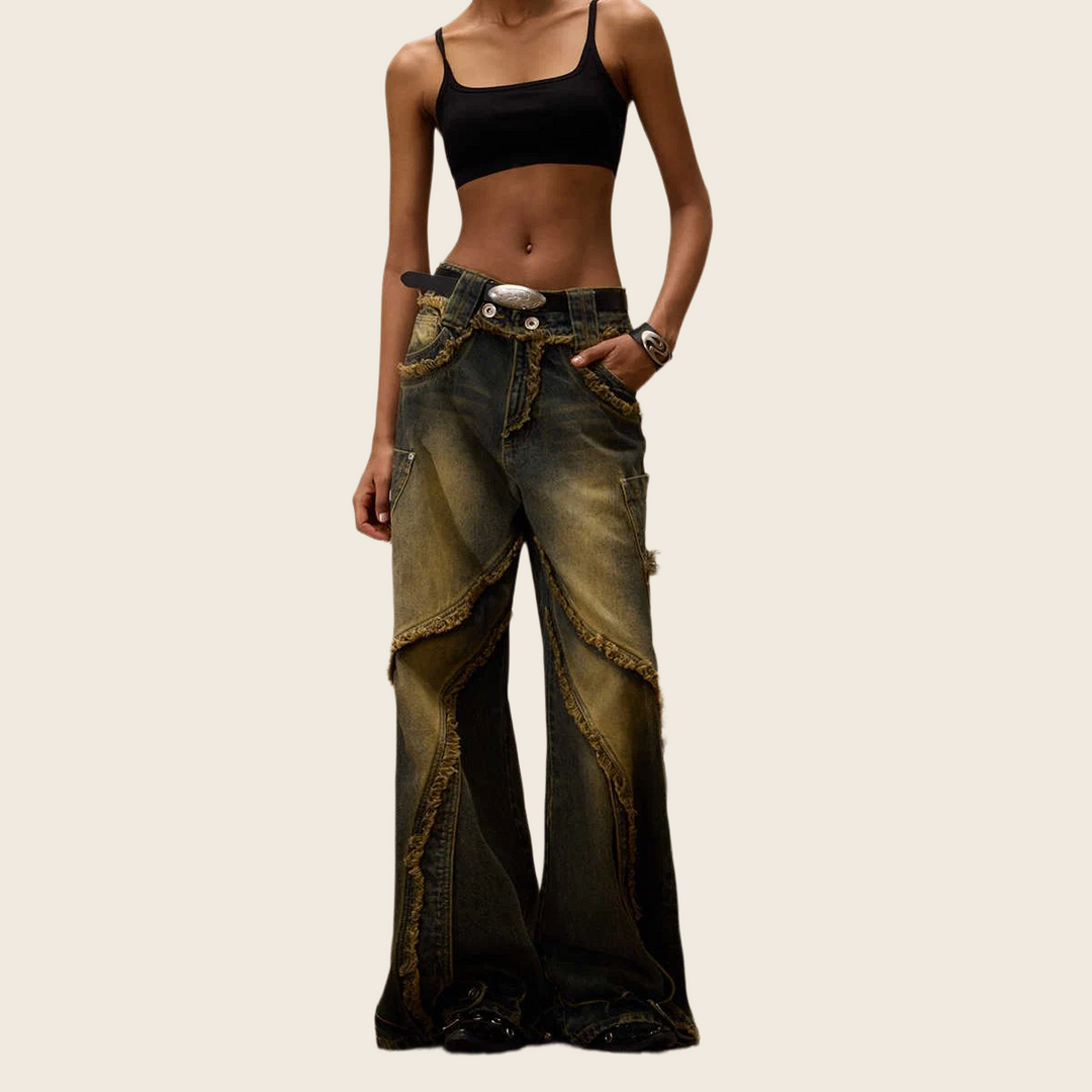 Spliced Raw-Edge Wide-Leg Jeans - Women's, enhanced product photo